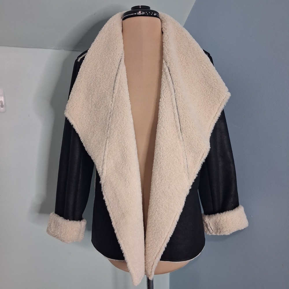 Dylan Los Angeles Black Faux Suede Faux Fur Draped Open Front Jacket Small NWT